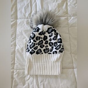 Altar'd State Leopard Print Adult Beanie/Toboggan with Pom Pom White/Black/Gray